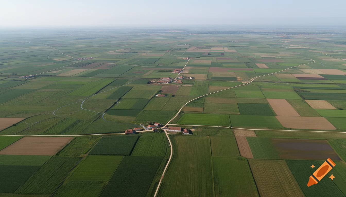 Photorealistic aerial view of a vast rural landscape with patchwork green and brown fields, scattered farmhouses, and winding roads under a clear sky.