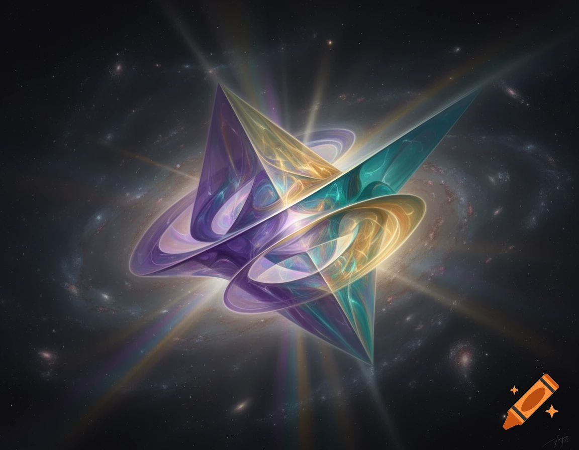 A vibrant, glowing abstract geometric form in shades of purple, yellow, and teal against a dark cosmic background with distant galaxies.