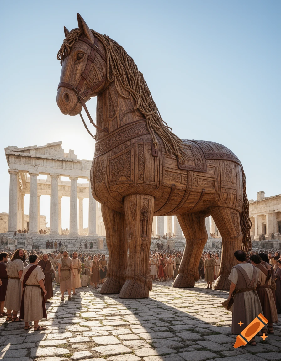 A large, detailed wooden Trojan horse stands in a sunny ancient city square, surrounded by people in historical robes and classical white temples.