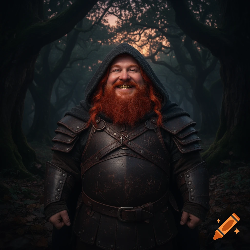 Smiling red-haired dwarf with gold teeth and leather armor, wearing a dark hooded cloak, stands in a misty forest at dusk.