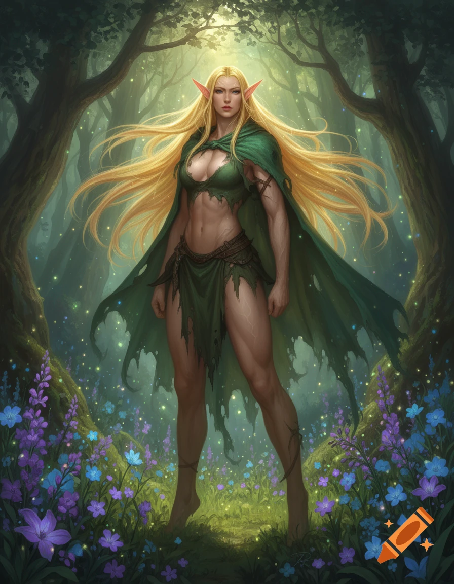 Muscular elf woman with long blonde hair and torn green outfit stands in a magical forest with glowing plants, fantasy art.