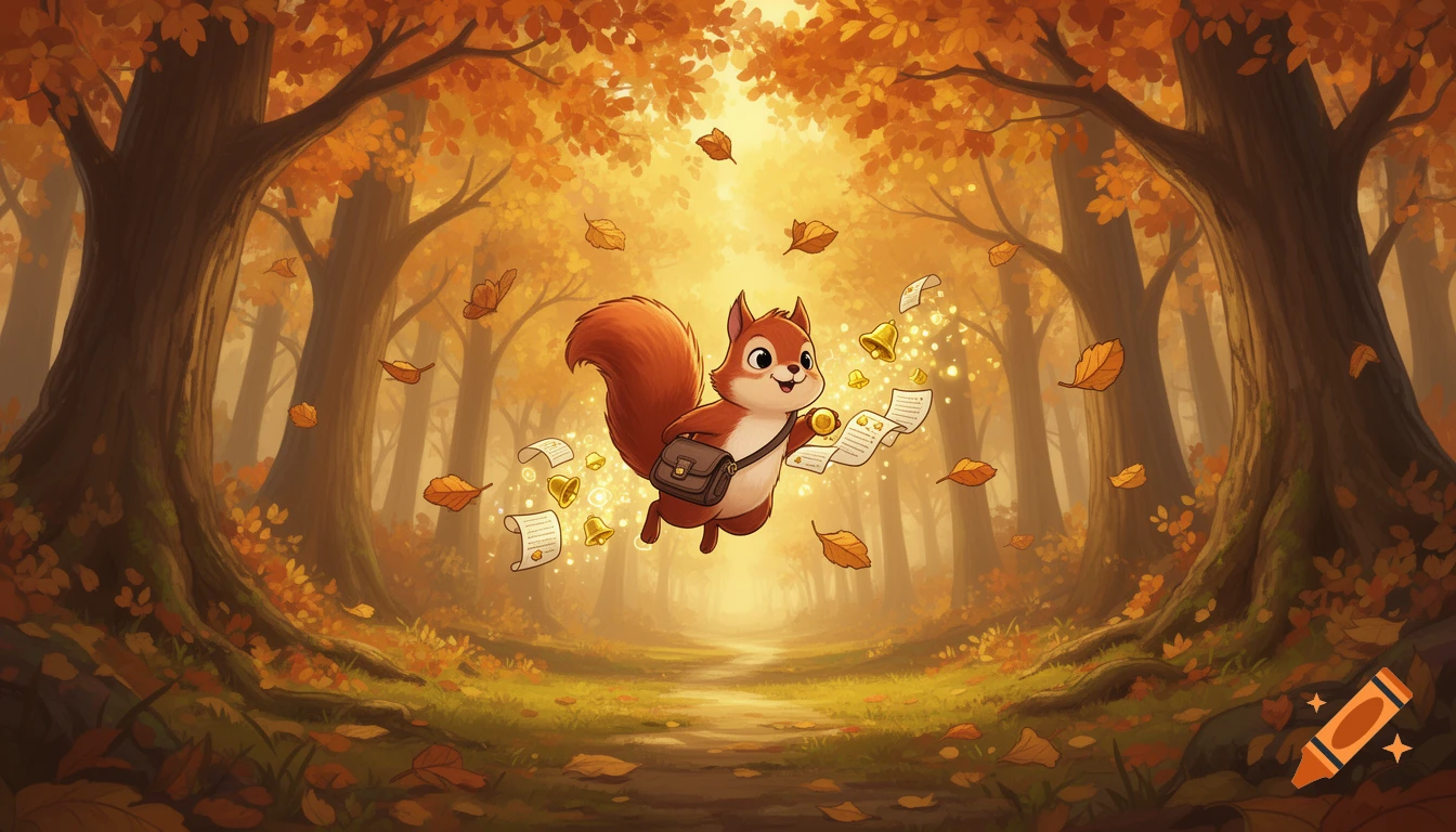 A cute cartoon squirrel with a messenger bag flies through a sunlit autumn forest, delivering glowing bells and papers. Digital art.