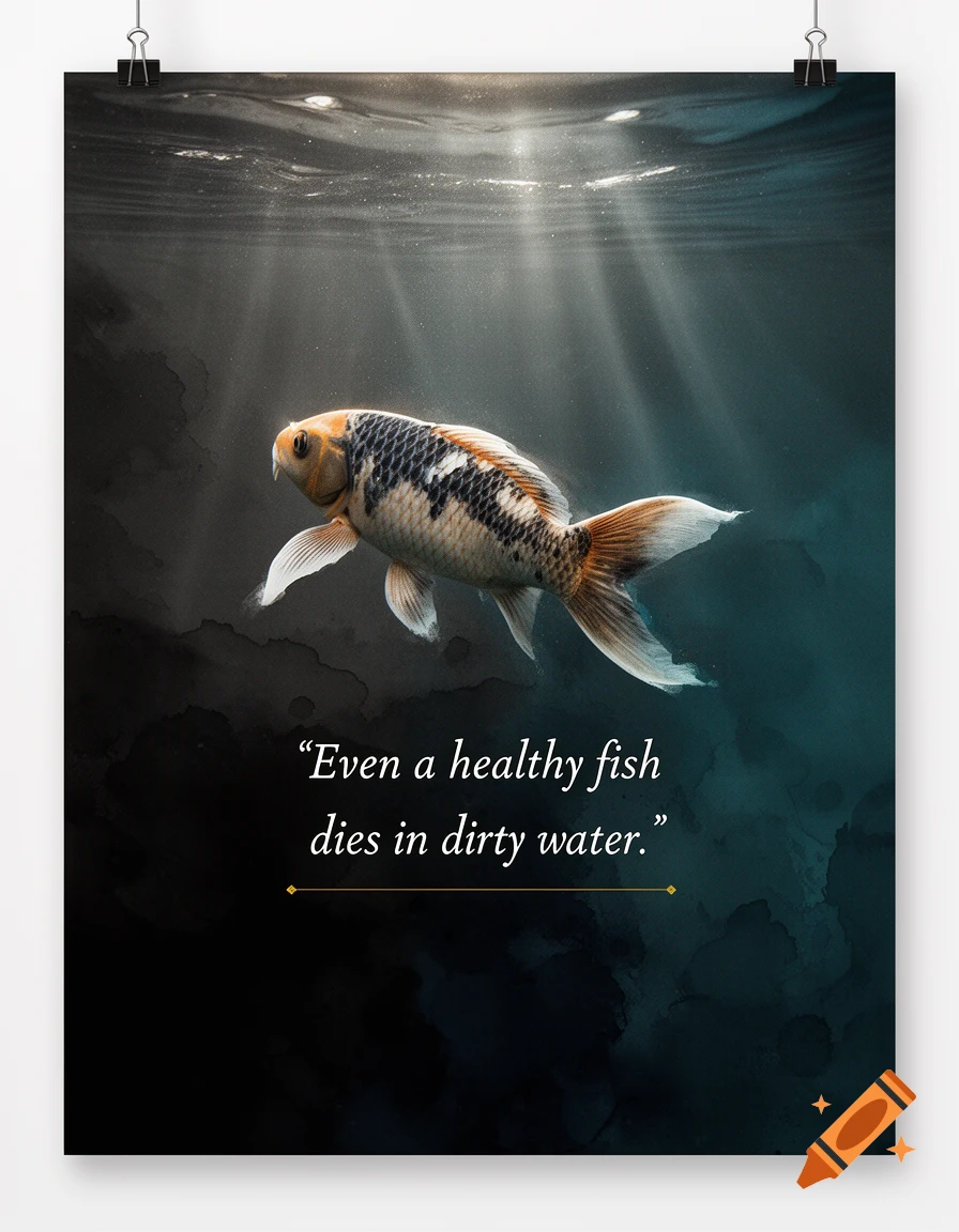 A vibrant Koi fish swims in water with light rays, transitioning from clear to dark, alongside the quote 'Even a healthy fish dies in dirty water.'