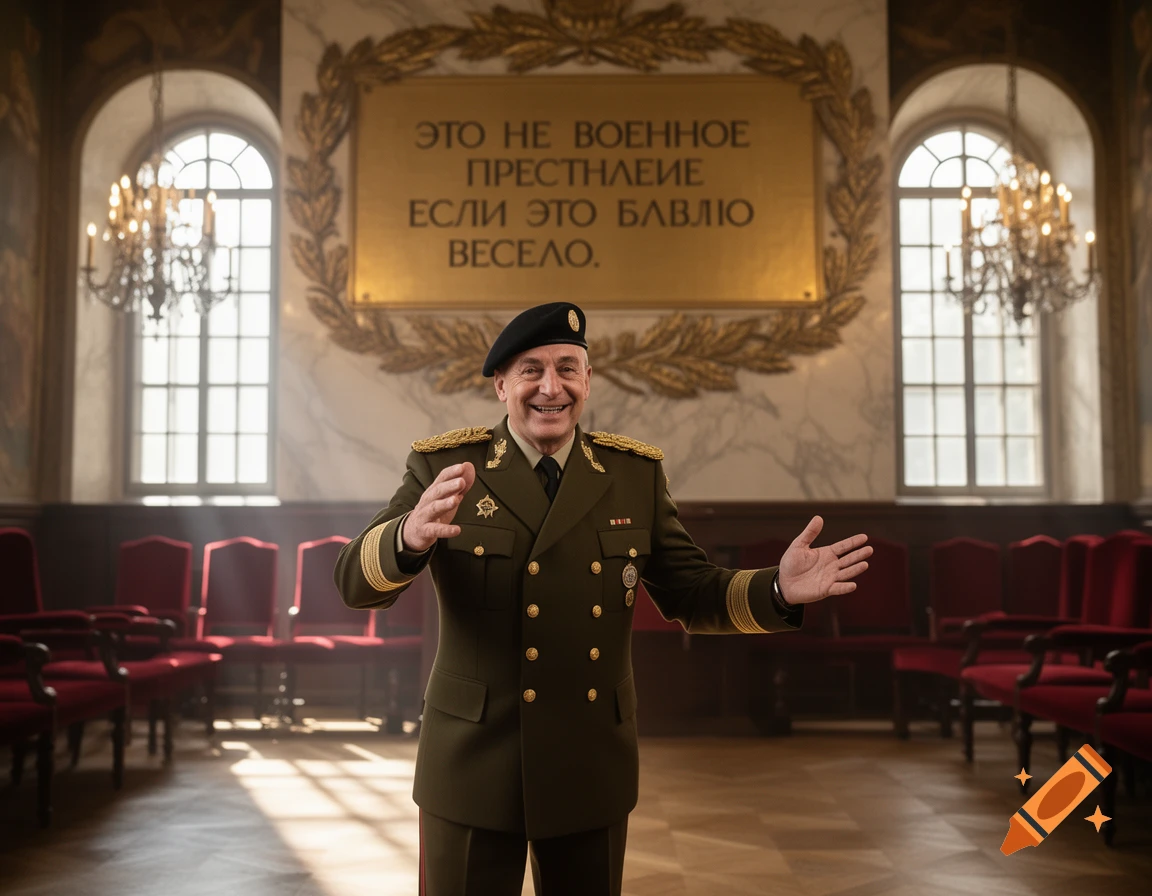 A smiling man in a military uniform stands in a grand hall with high windows and a golden plaque with Cyrillic text.