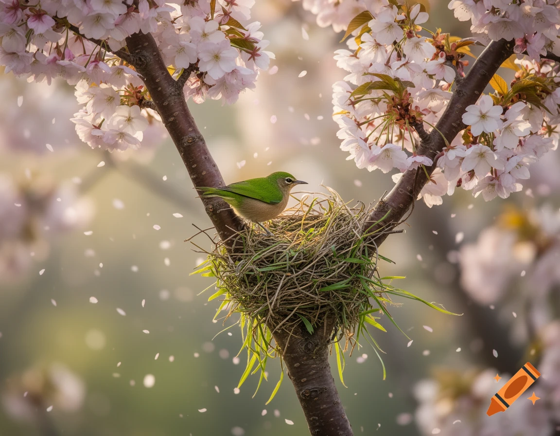 A small green bird sits in a nest in a cherry blossom tree, with delicate pink petals falling around it.