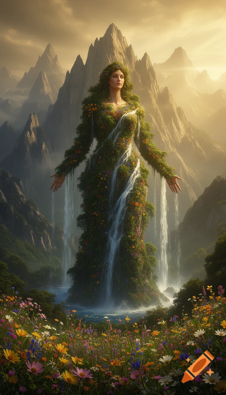 A colossal goddess made of trees, flowers, and waterfalls stands in a vibrant wildflower field with majestic mountains under a golden sky.