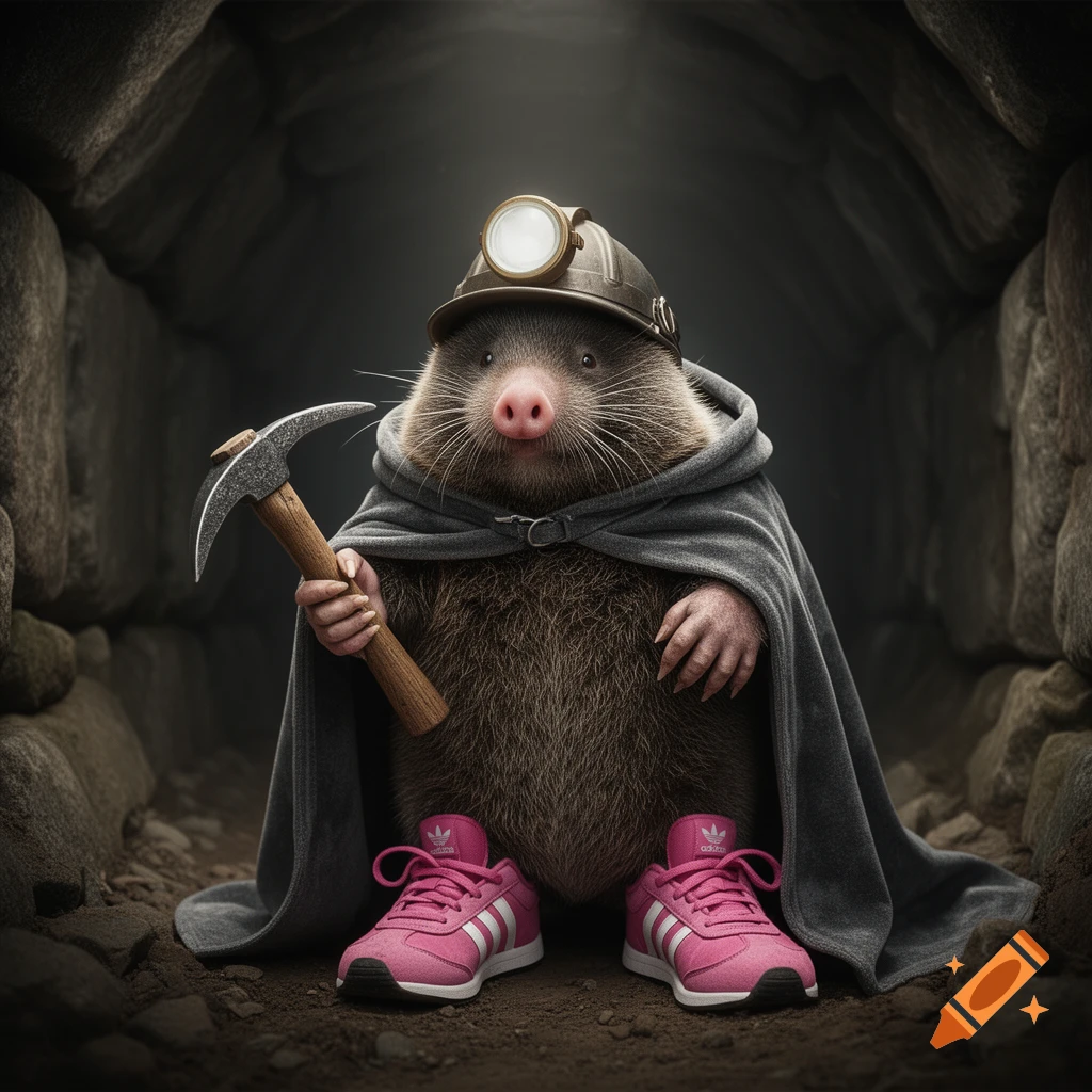 A photorealistic mole wearing a mining helmet, a dark grey cloak, and pink Adidas sneakers, holding a pickaxe in a dark cave.