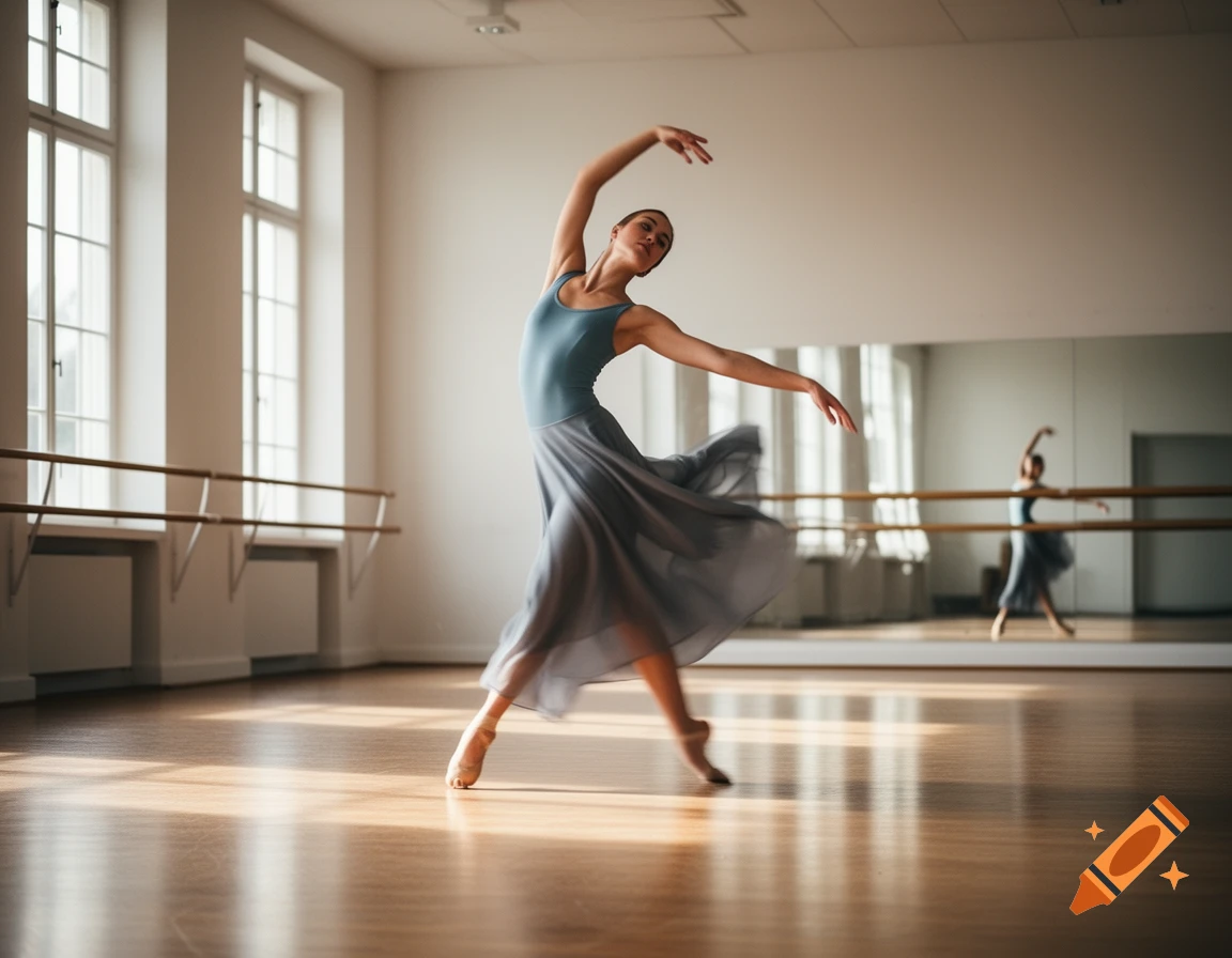 A graceful ballerina in a blue leotard and flowing grey skirt dances in a bright studio with windows and mirrors.