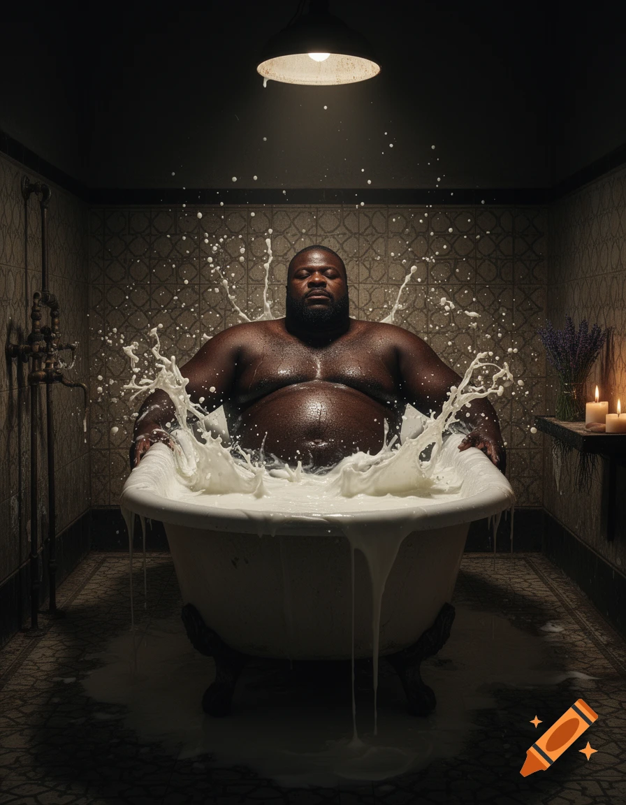 A large, dark-skinned man sits in a dimly lit bathtub with white milk dramatically splashing around him.