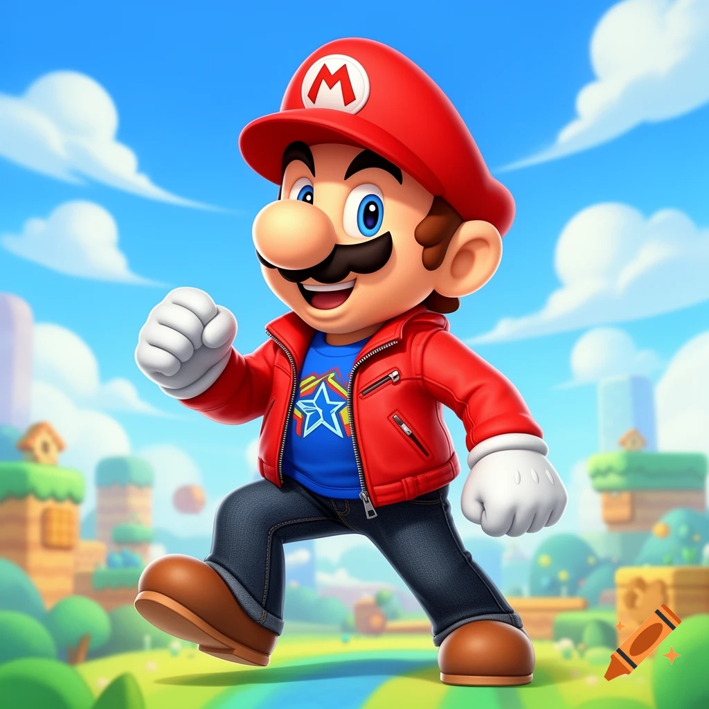 Cartoon Mario in a red jacket and blue star shirt, walking in a vibrant outdoor video game world.