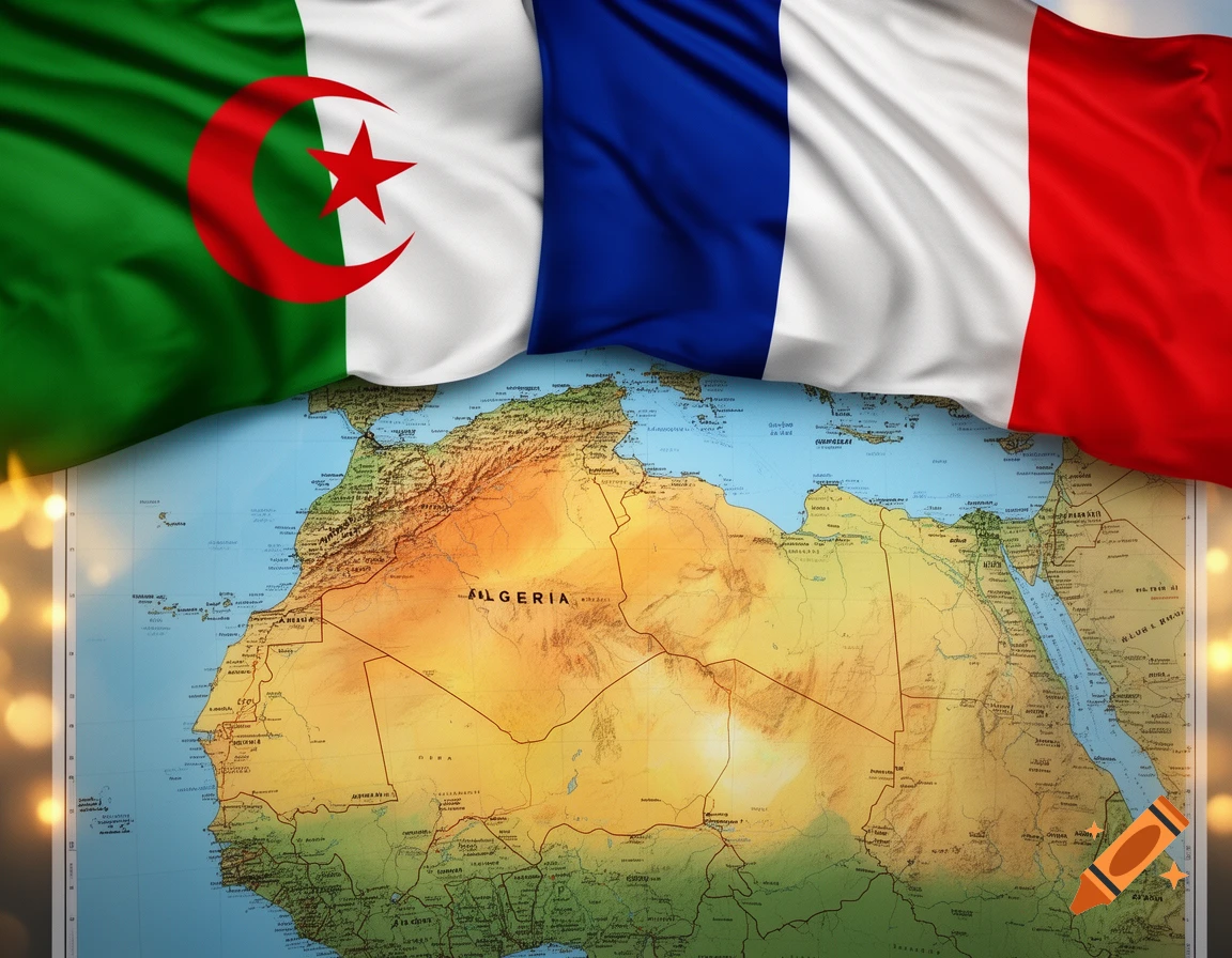 Algerian and French flags draped over a map of North Africa, prominently featuring Algeria.