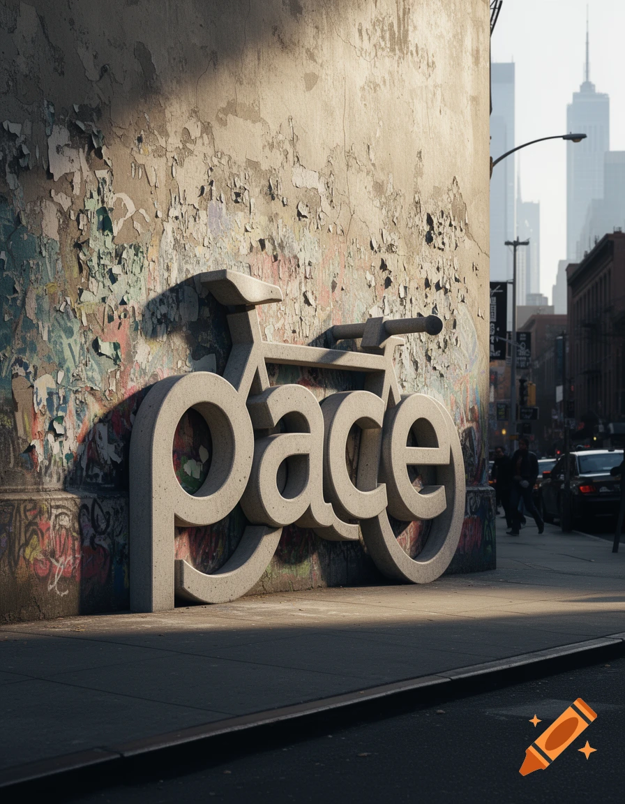 Photorealistic concrete sculpture of the word 'pace' shaped like a bicycle, leaning against a weathered city wall.