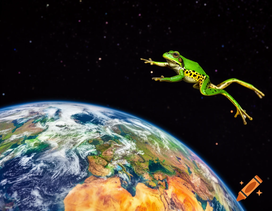 A vibrant green and yellow spotted frog leaps through dark space with distant stars, curving away from a photorealistic Earth below.