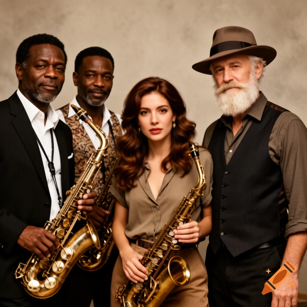 A diverse jazz band poses with saxophones: two Black men, a white woman, and a white bearded man in a hat.
