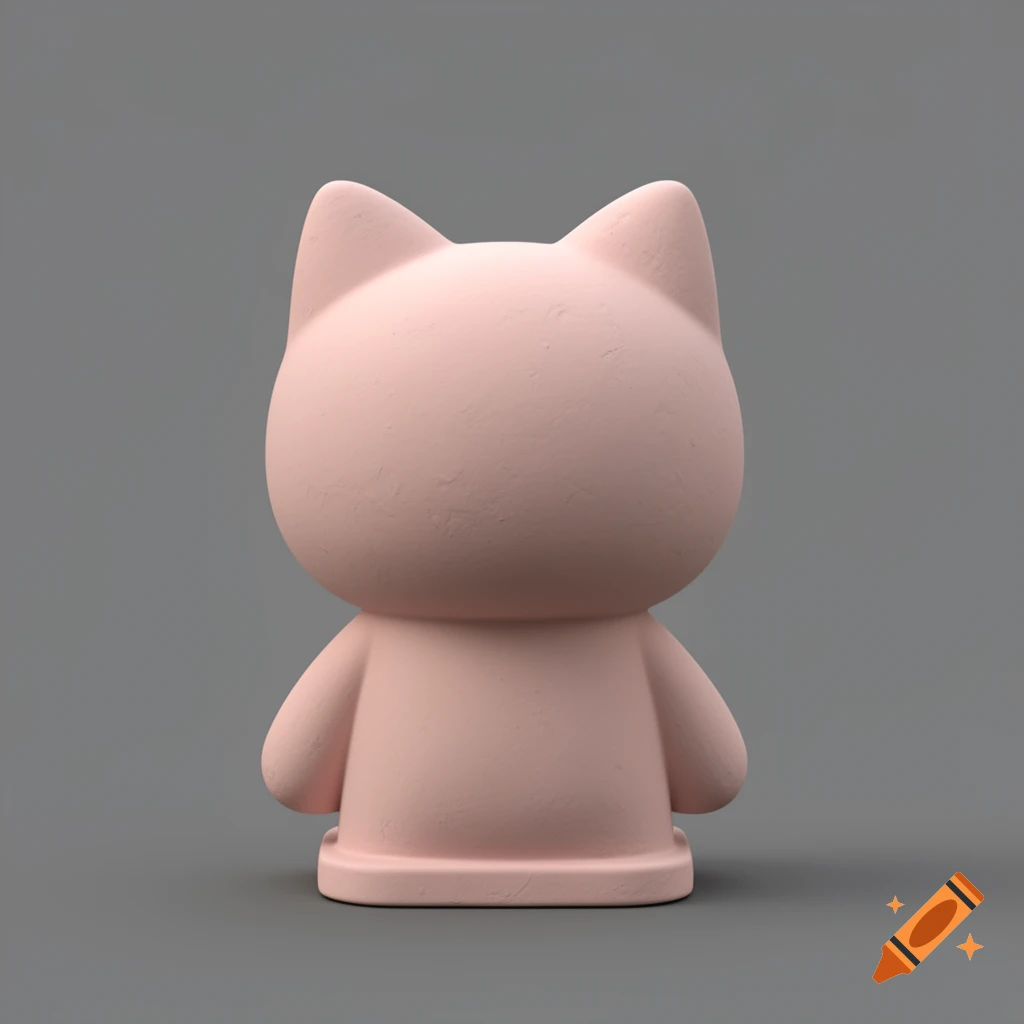 A minimalist pink chibi cartoon cat figure with a smooth clay texture, viewed from behind, on a plain grey background.