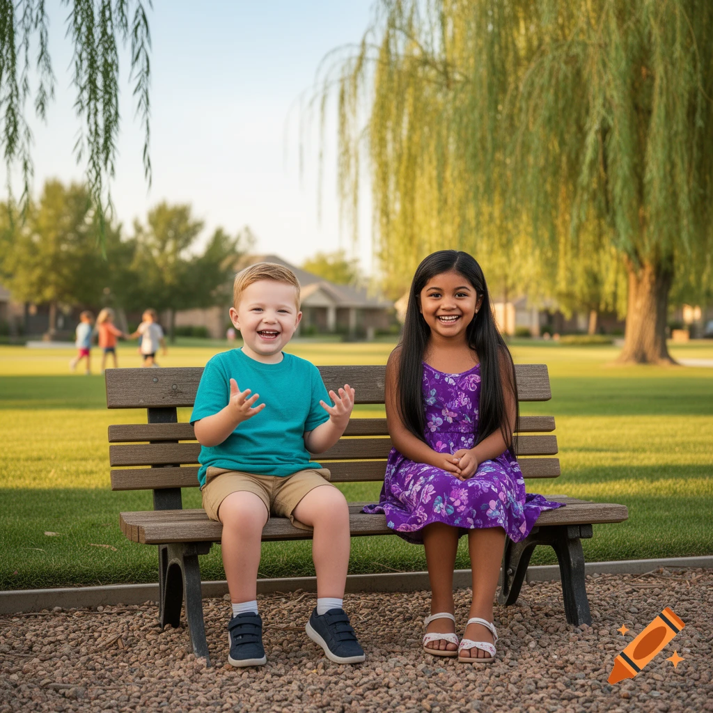 A smiling boy and girl sit on a park bench, with a weeping willow tree and other children playing in the background.