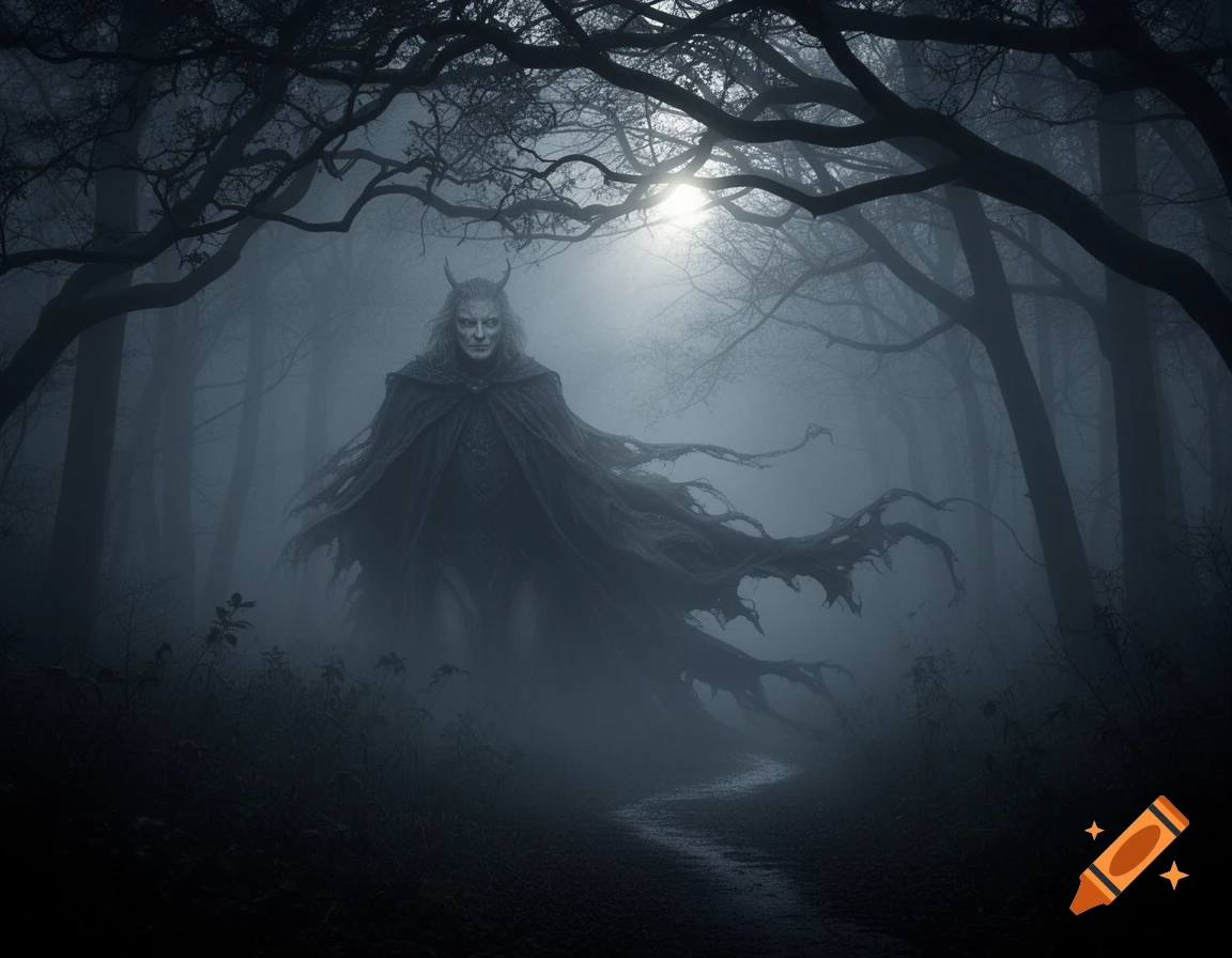 A dark, horned figure in a flowing cloak stands in a foggy, moonlit forest, emanating a spooky, mythical aura.
