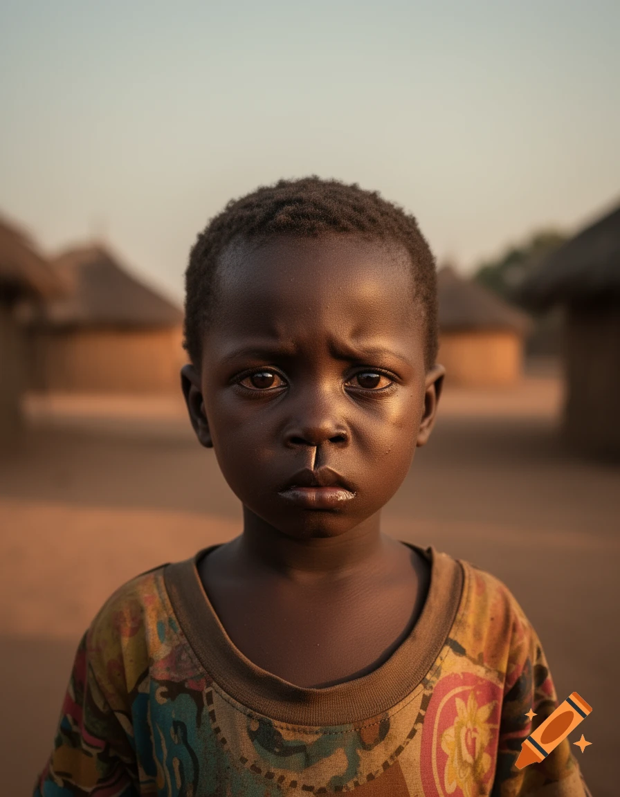 Close-up photorealistic portrait of a young African child with a sad expression, standing outdoors in a village setting.