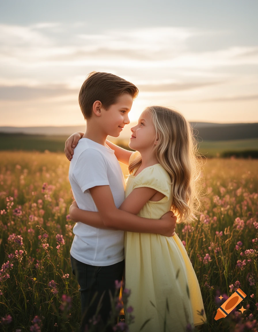 A boy and girl embrace in a field of purple flowers at sunset. Photorealistic.
