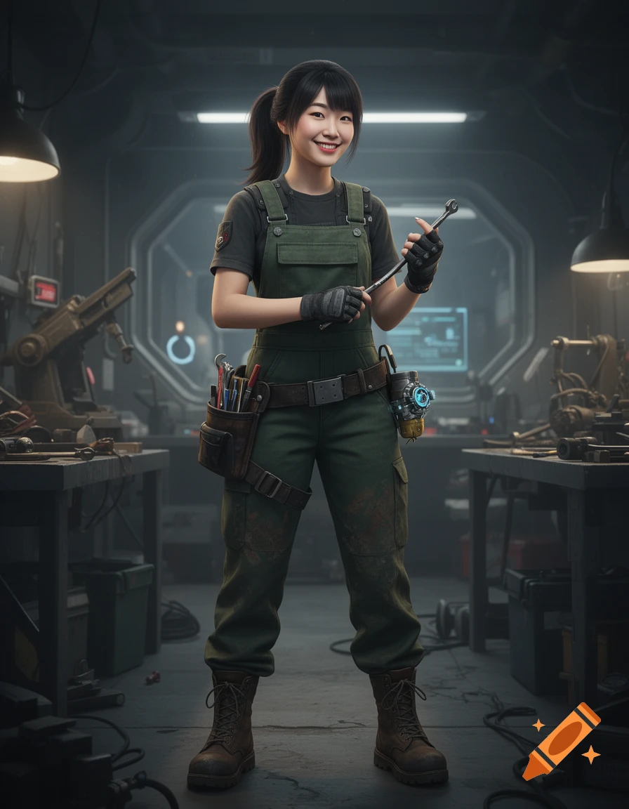 A smiling Korean woman in green overalls and gloves holds a wrench in a futuristic workshop.