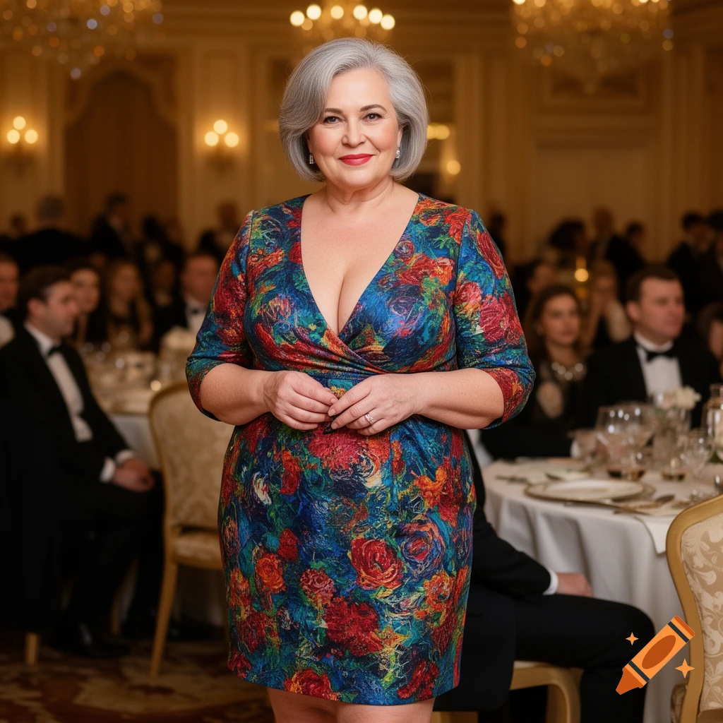 A mature woman in a floral dress with a deep V-neck smiles at a formal event, with blurred guests in a ballroom background.