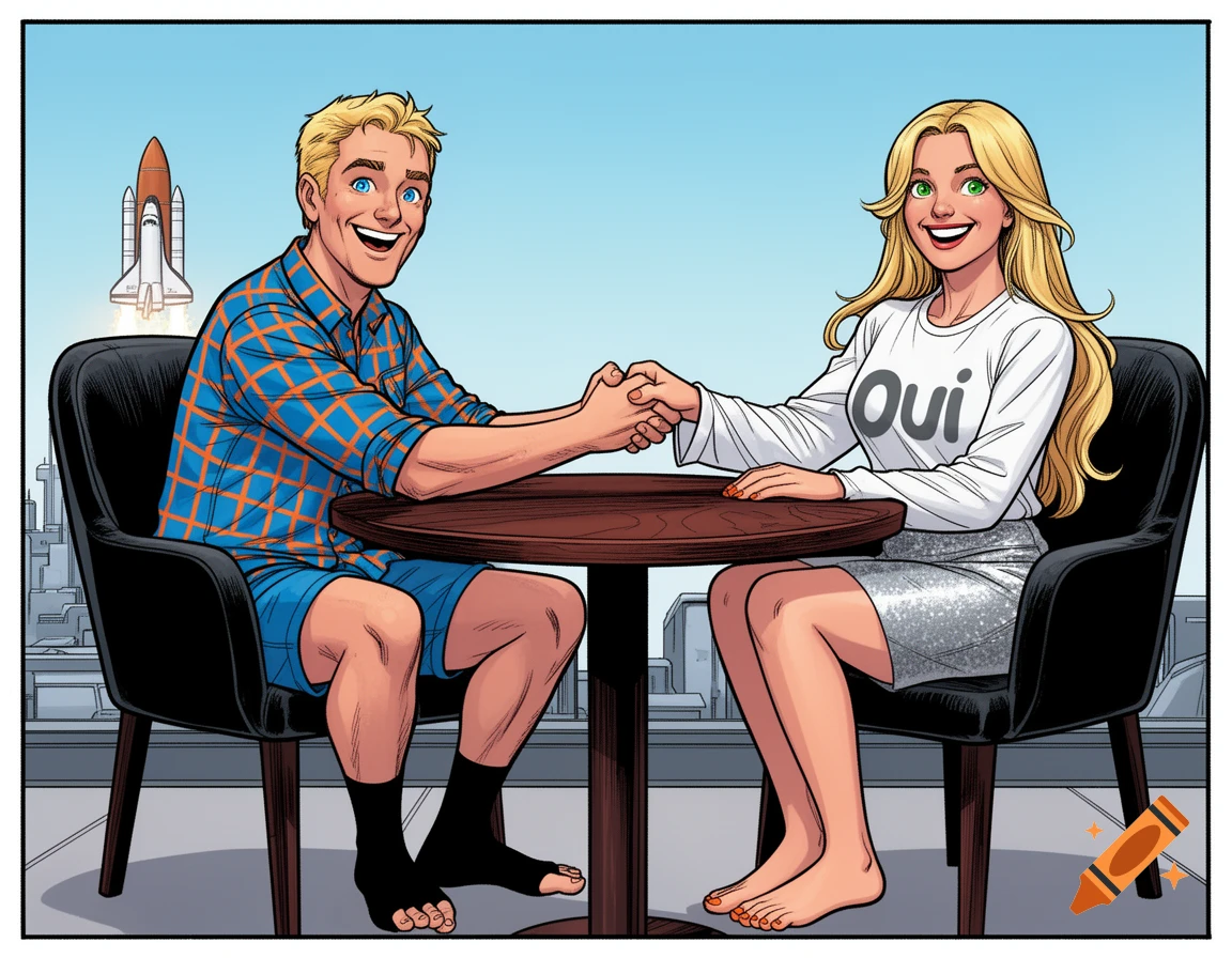 A smiling blonde man and woman in comic style shake hands at a table, with a space shuttle launching in the background.