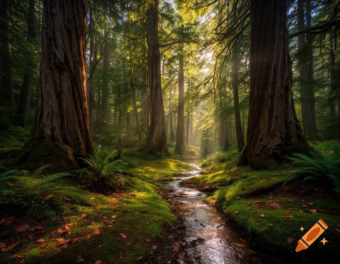 Sunlit forest with a winding stream, tall trees, and mossy ground, photorealistic.