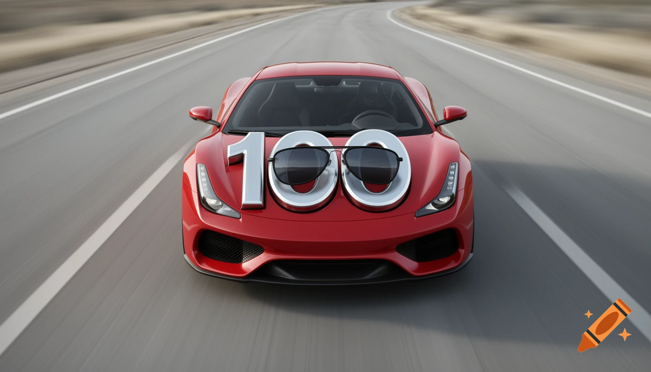A red sports car with large silver numbers '100' on its hood, where the '00' are sunglasses, speeding on a highway.