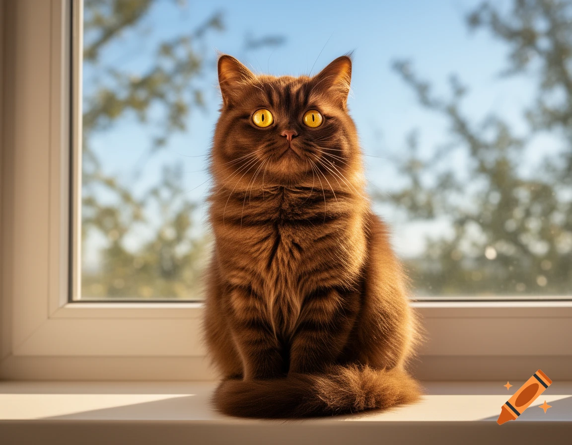 A fluffy brown cat with bright yellow eyes sits on a windowsill, looking up at the viewer, with a blurry green and blue outdoor background.