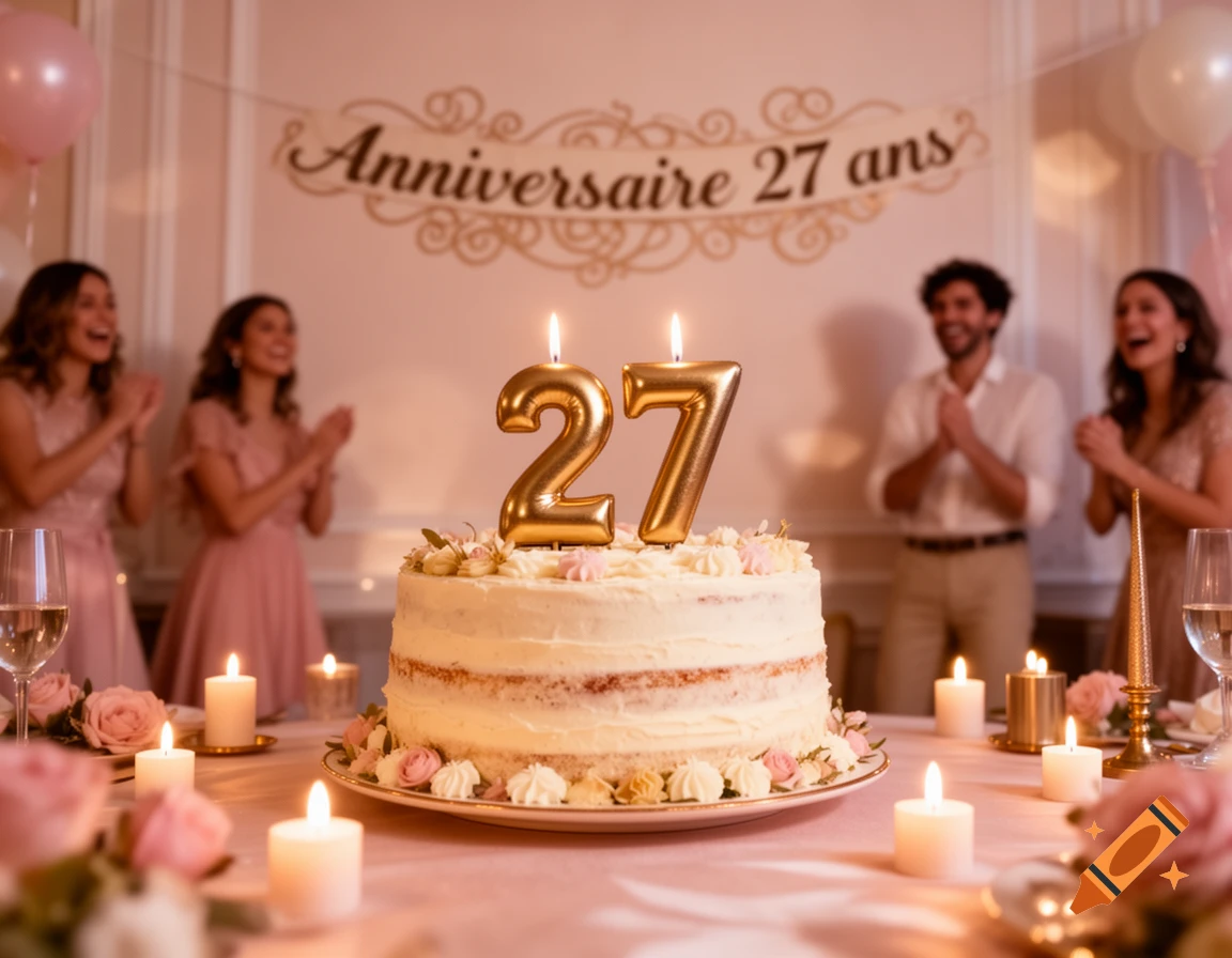 A birthday cake with "27" candles and lit tea lights on a table, with blurred people applauding under an "Anniversaire 27 ans" banner.