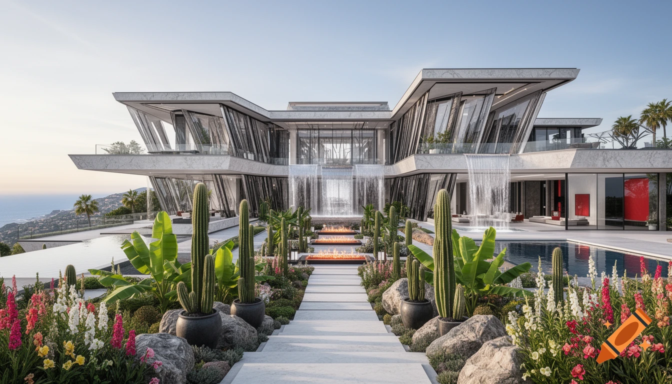 A super modern, luxurious mansion with waterfalls cascading into an infinity pool, surrounded by lush gardens with cacti and colorful flowers, overlooking the sea.
