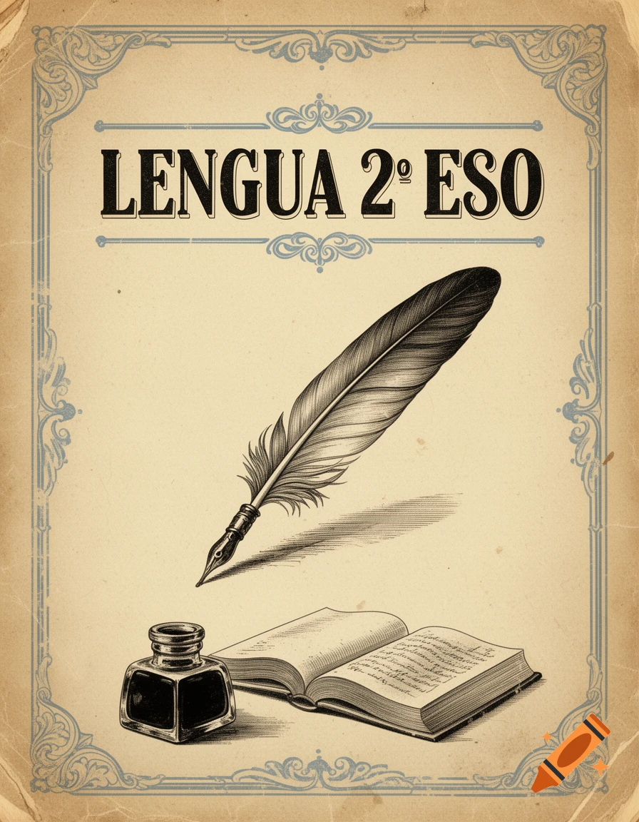 A vintage-style book cover illustration with a quill, inkwell, and open book, titled 'LENGUA 2º ESO'.