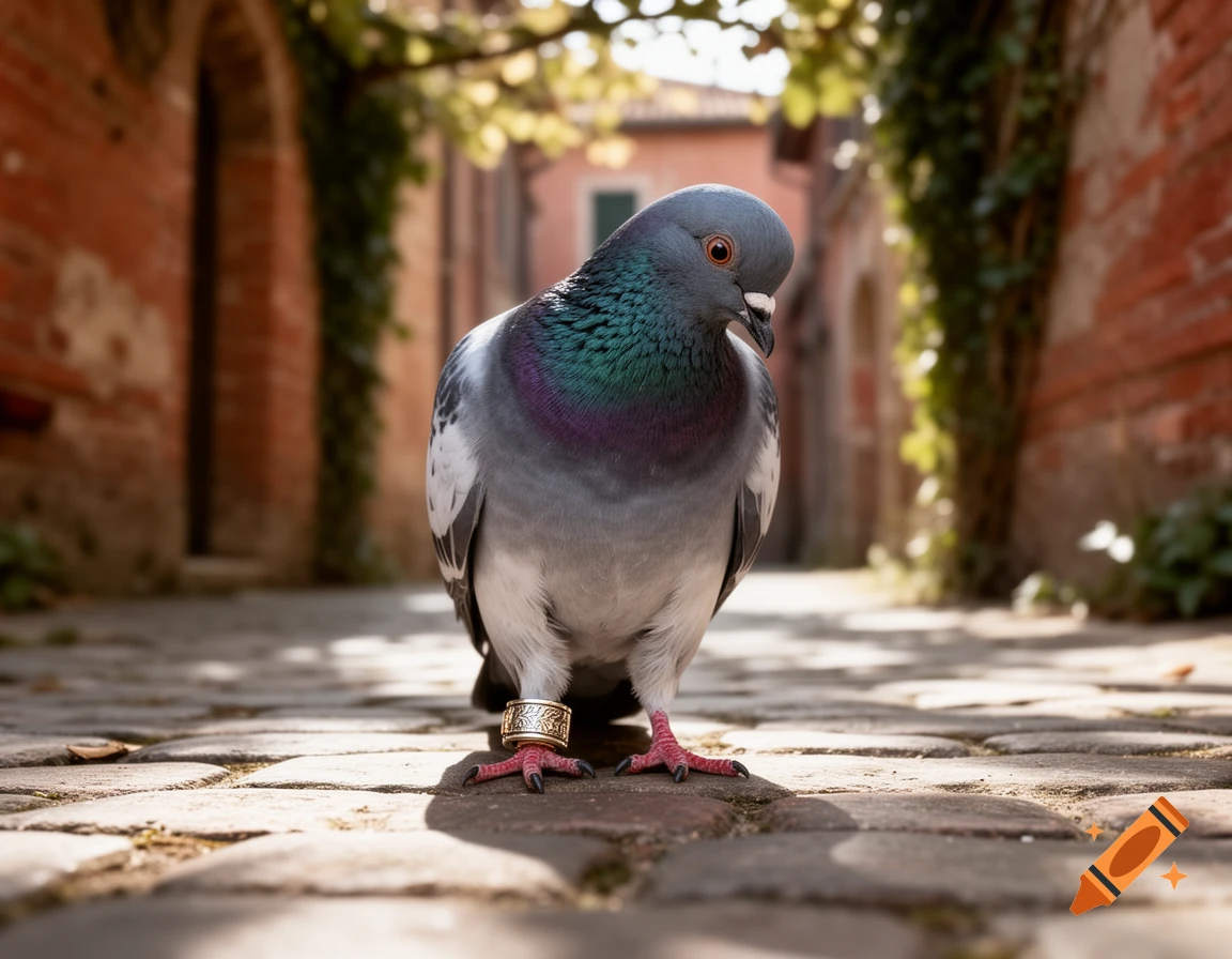 A close-up, photorealistic image of a pigeon with a gold ring on its leg, standing on cobblestones in an old alley.