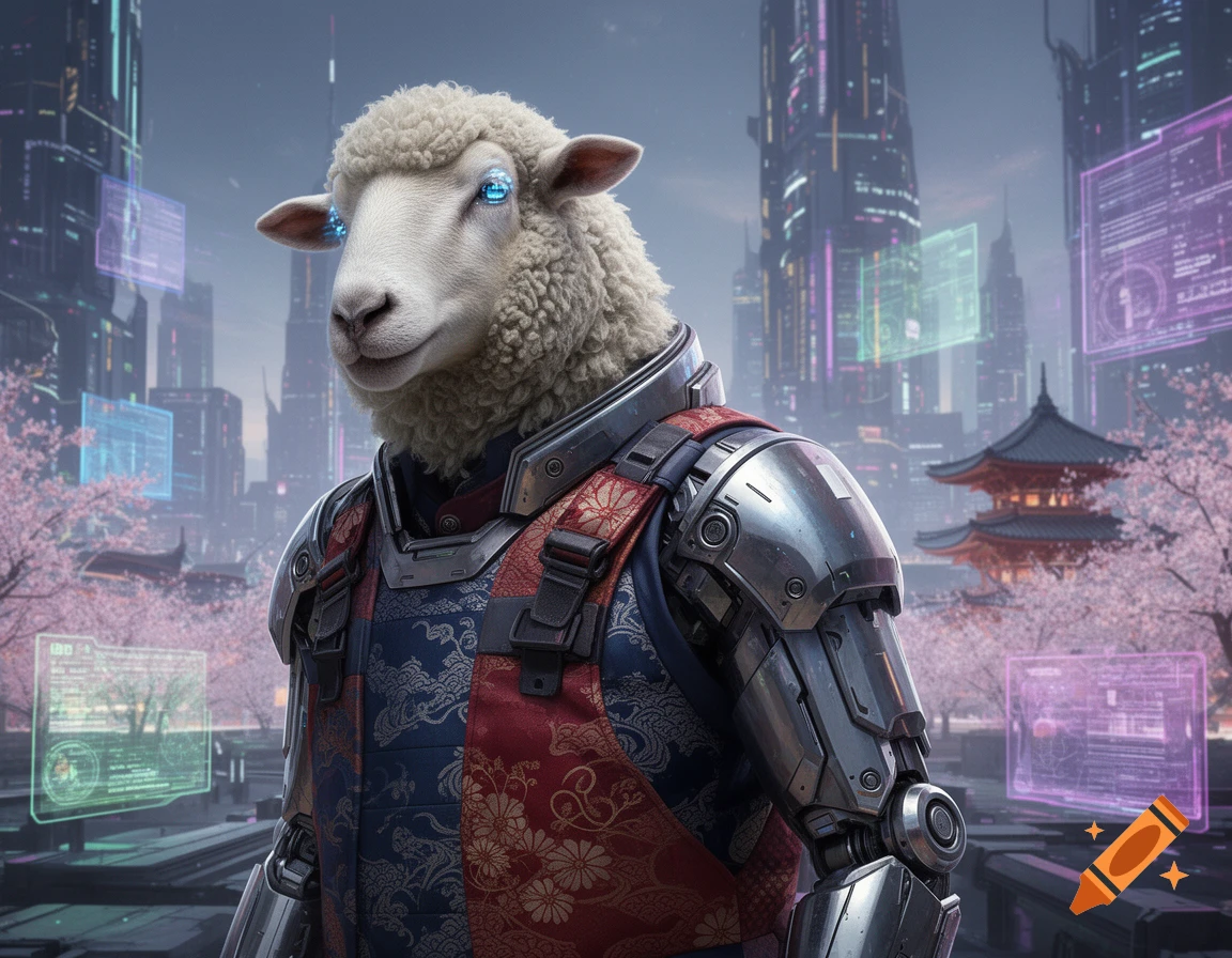 A fluffy sheep in a sci-fi soldier uniform, featuring robotic arms and traditional Japanese patterns, stands in a futuristic city with glowing cherry blossoms and holographic displays.