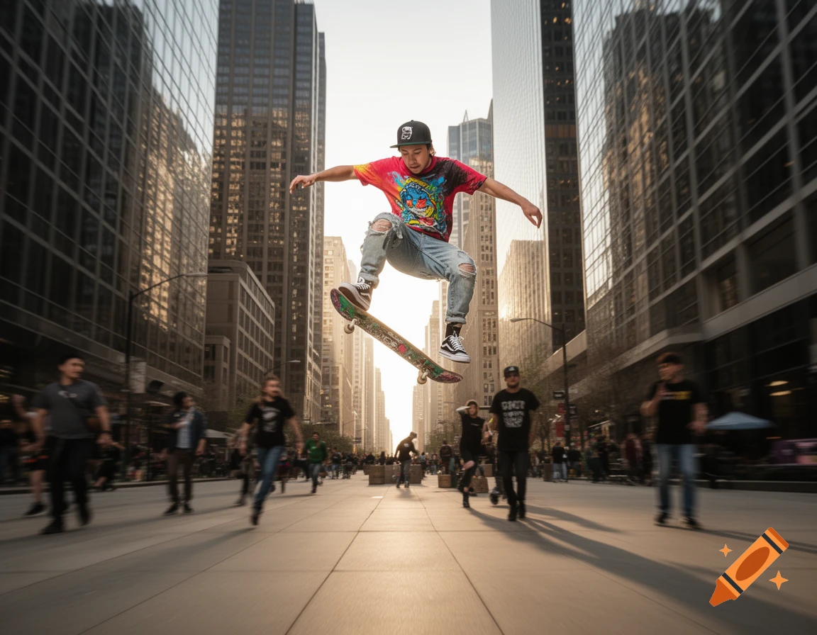 A skateboarder performs an ollie mid-air on a city street, with blurred pedestrians and tall buildings in the background.