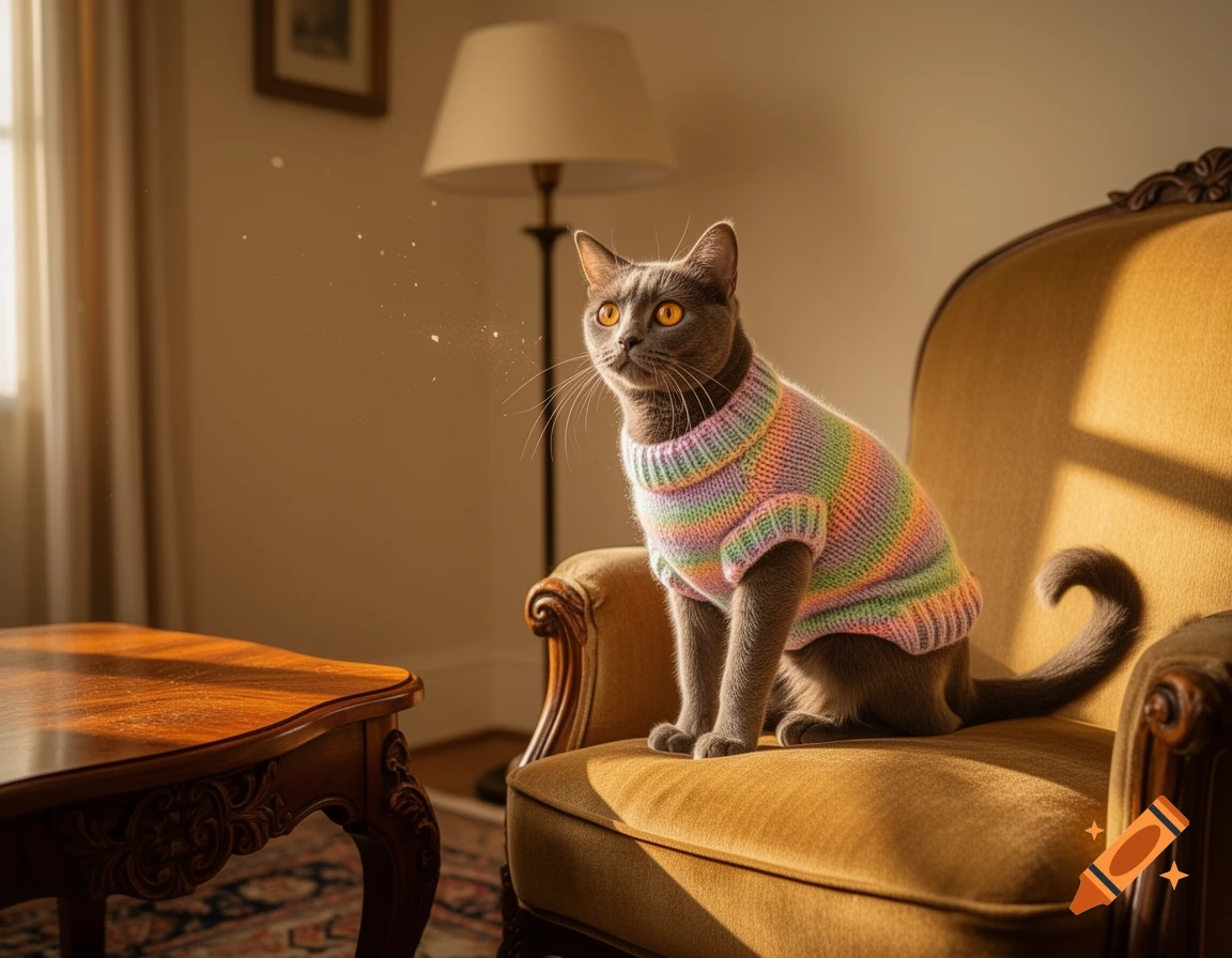 A gray cat in a pastel striped sweater sits on a yellow armchair in a sunlit room.