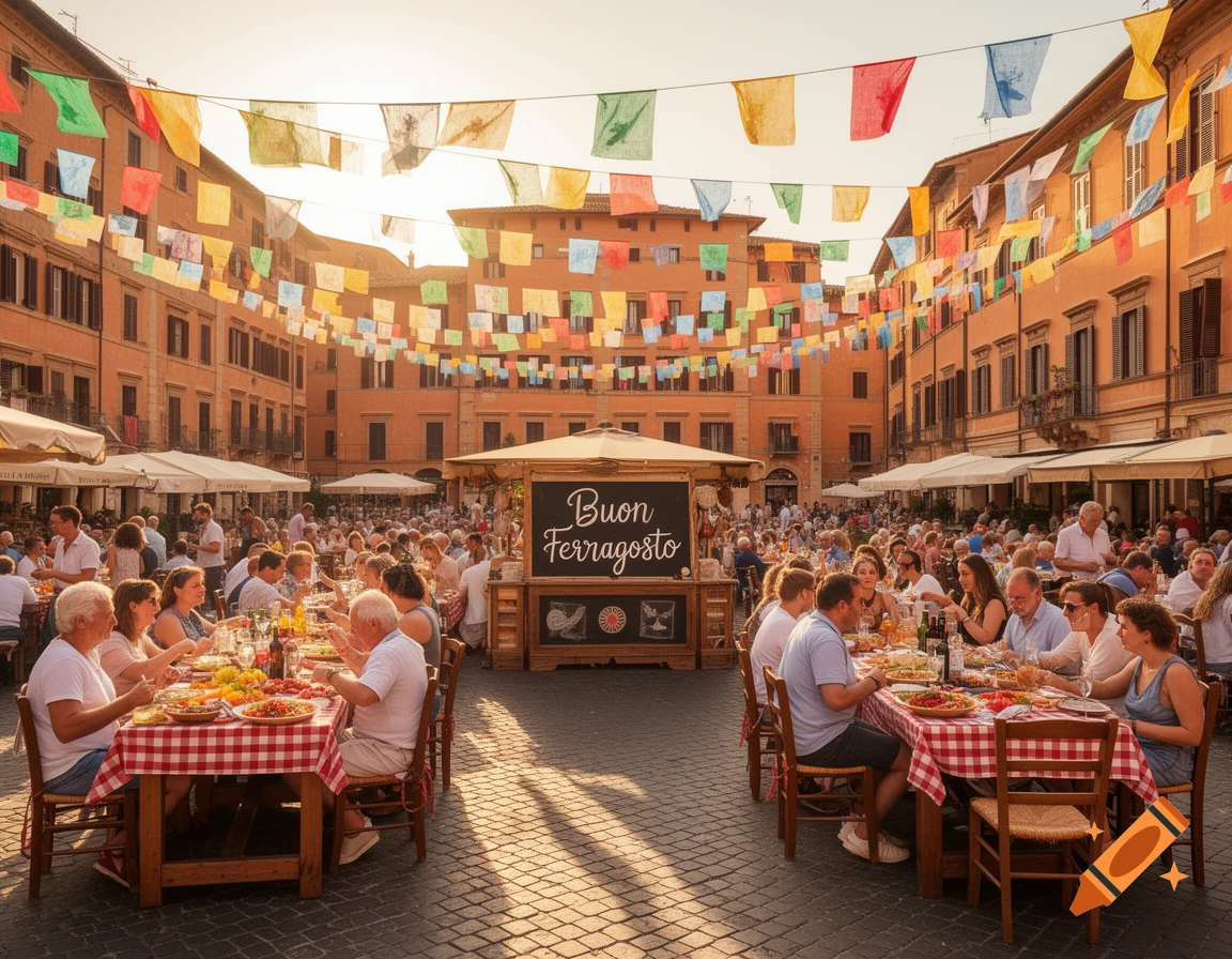 A sunny outdoor festival scene with people dining at long tables in a plaza, adorned with colorful flags strung between buildings.