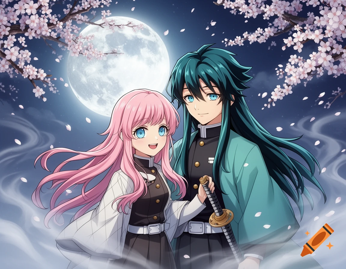 An anime couple, a girl with pink hair and a boy with dark turquoise hair, stand under a full moon with cherry blossoms and mist. The boy holds a katana.