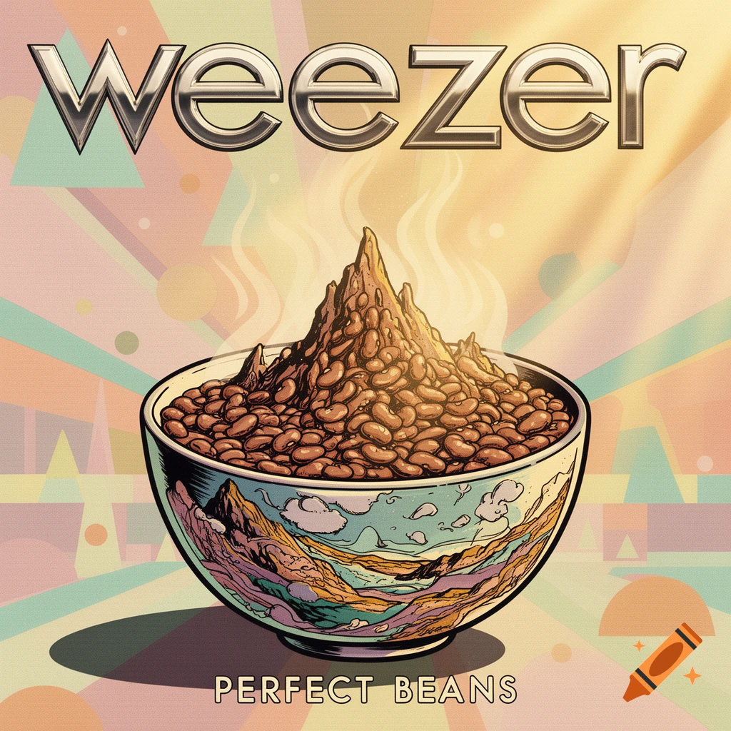 A stylized album cover for "Weezer" with a mountain of beans in a bowl, background in retro geometric style.