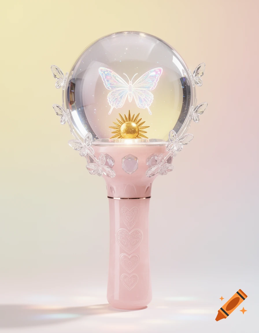 A pink K-pop lightstick with a crystal globe containing a holographic butterfly and a golden sun, adorned with crystal butterflies and engraved hearts.