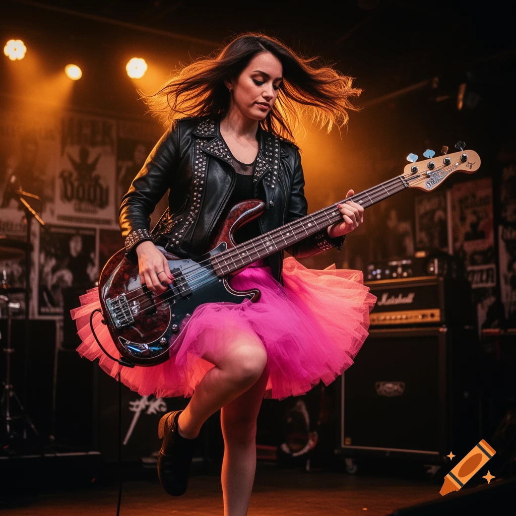 A female bass guitarist with flowing dark hair, wearing a studded leather jacket and a bright pink tutu, plays on a dimly lit stage with warm spotlights.
