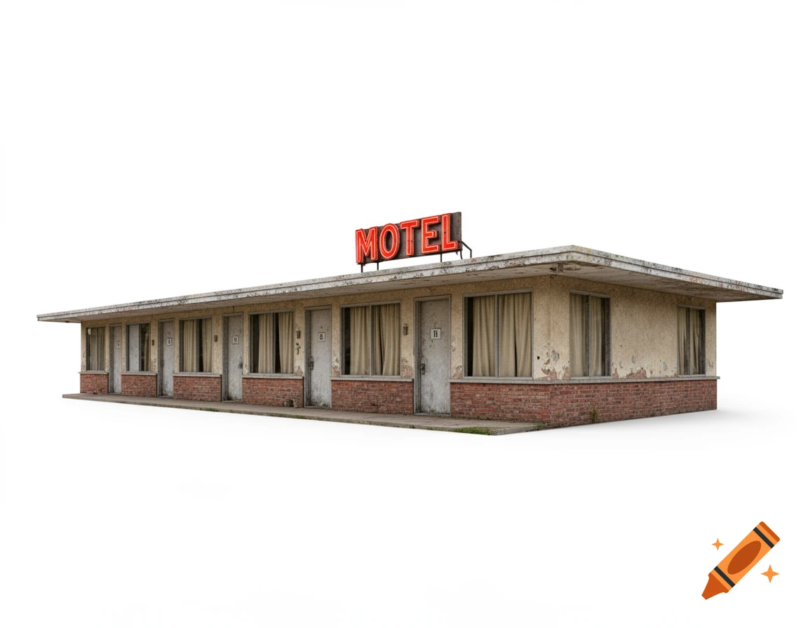 Photorealistic image of a weathered motel building with a red 'MOTEL' sign on a white background.