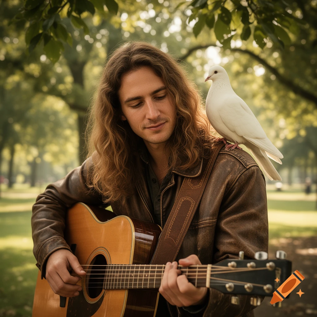A man with long hair plays an acoustic guitar outdoors, a white dove perched on his right shoulder.