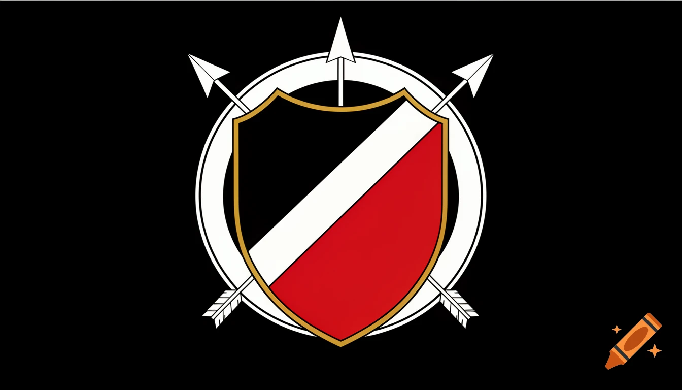 A black flag featuring a central shield divided diagonally in black, white, and red, with three white arrows behind it.