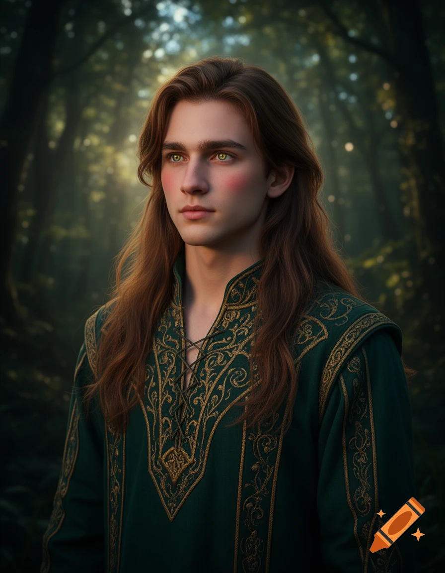 Photorealistic portrait of a young man with long brown hair, green eyes, and an ornate green and gold tunic in a sun-dappled forest.