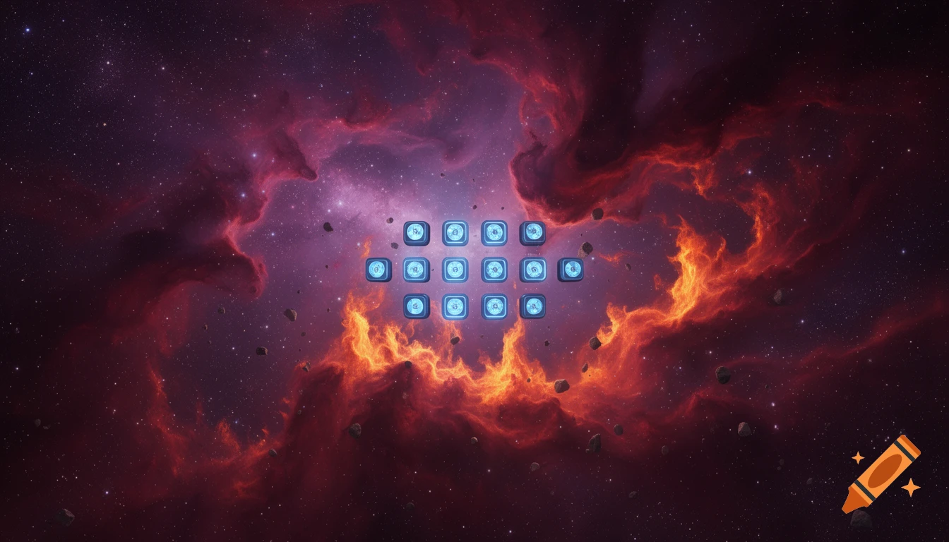 Vibrant purple and red nebulas with a dense star field and floating asteroids, centered by a grid of sixteen glowing blue sequencer buttons.