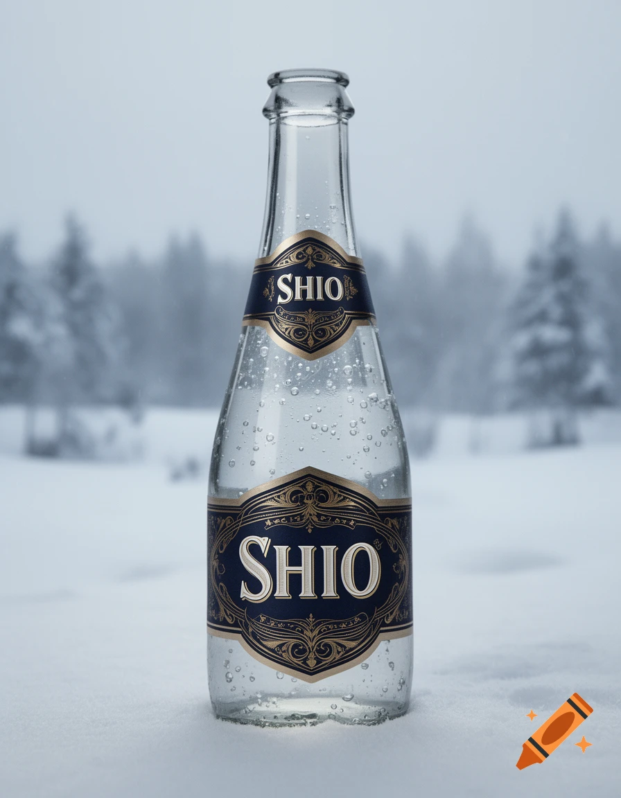 A clear glass bottle of SHIO soda with a blue and gold label, covered in water droplets, sits in snow with blurred trees.