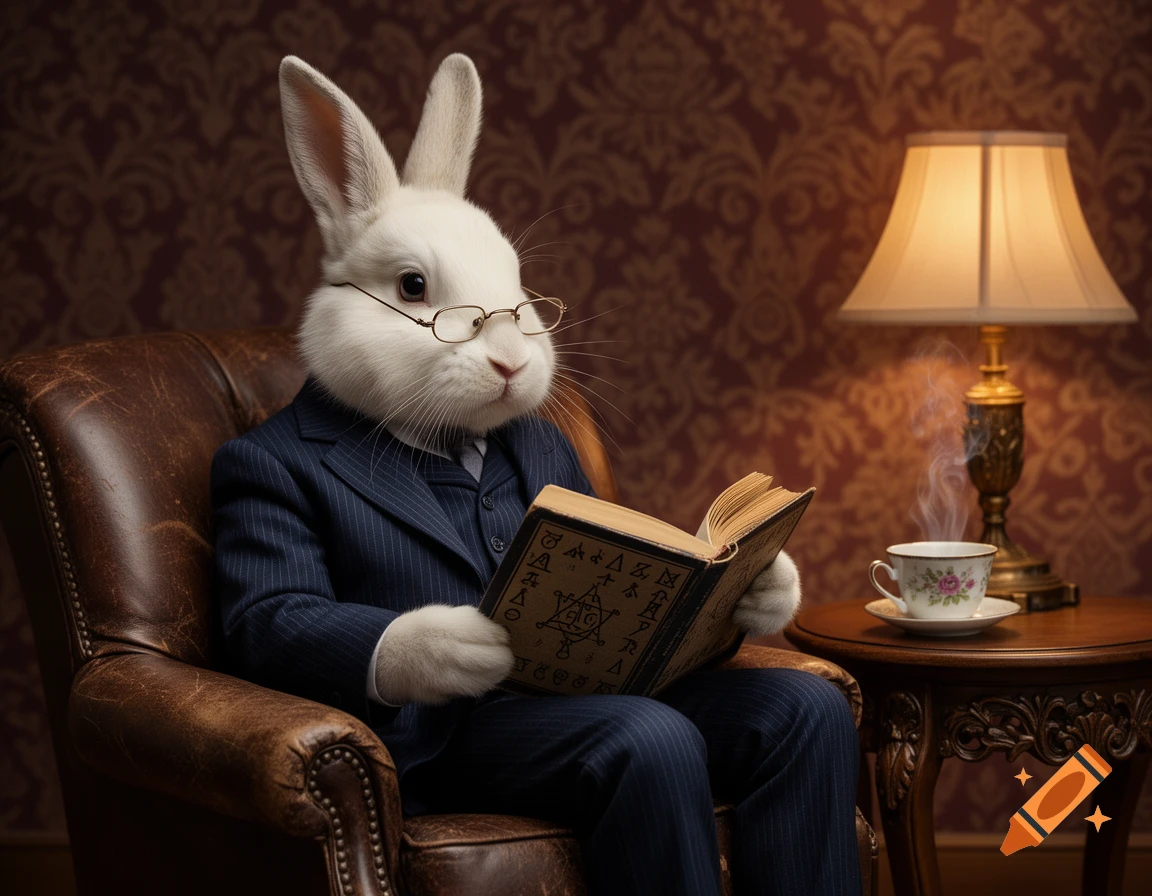 A white rabbit in a pinstripe suit and reading glasses sits in a leather armchair, reading a book by a lamp. A steaming cup of tea is on a table beside him. Photorealistic style.