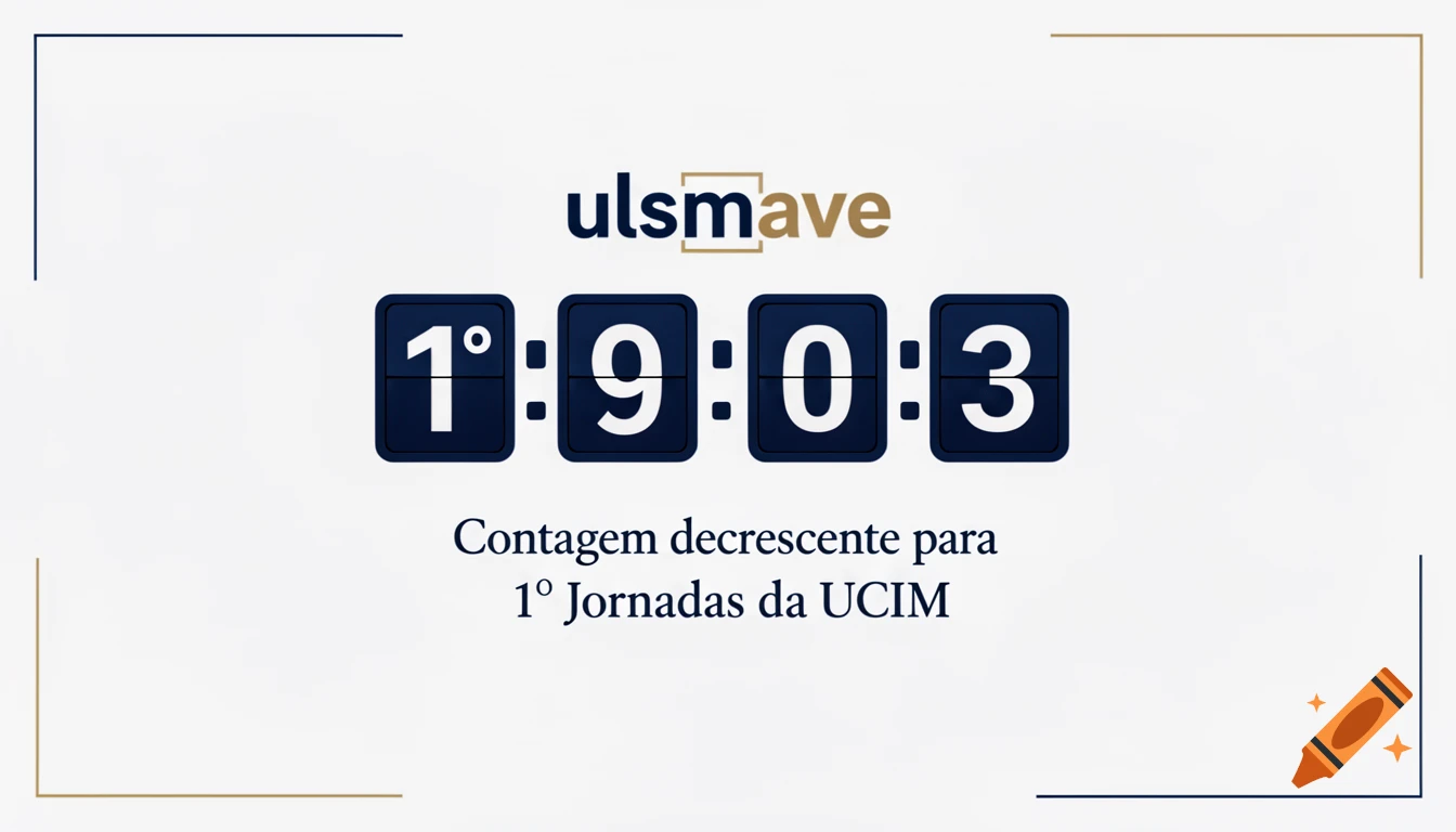 Digital countdown graphic showing '1°:9:0:3' for '1° Jornadas da UCIM' with 'ulsmave' logo on a white background.