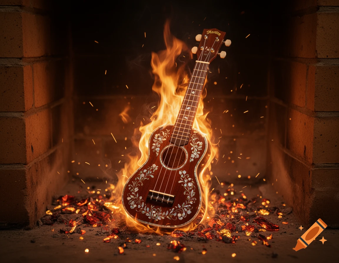 A decorated ukulele engulfed in flames and embers inside a brick fireplace, viewed from a slightly high angle.
